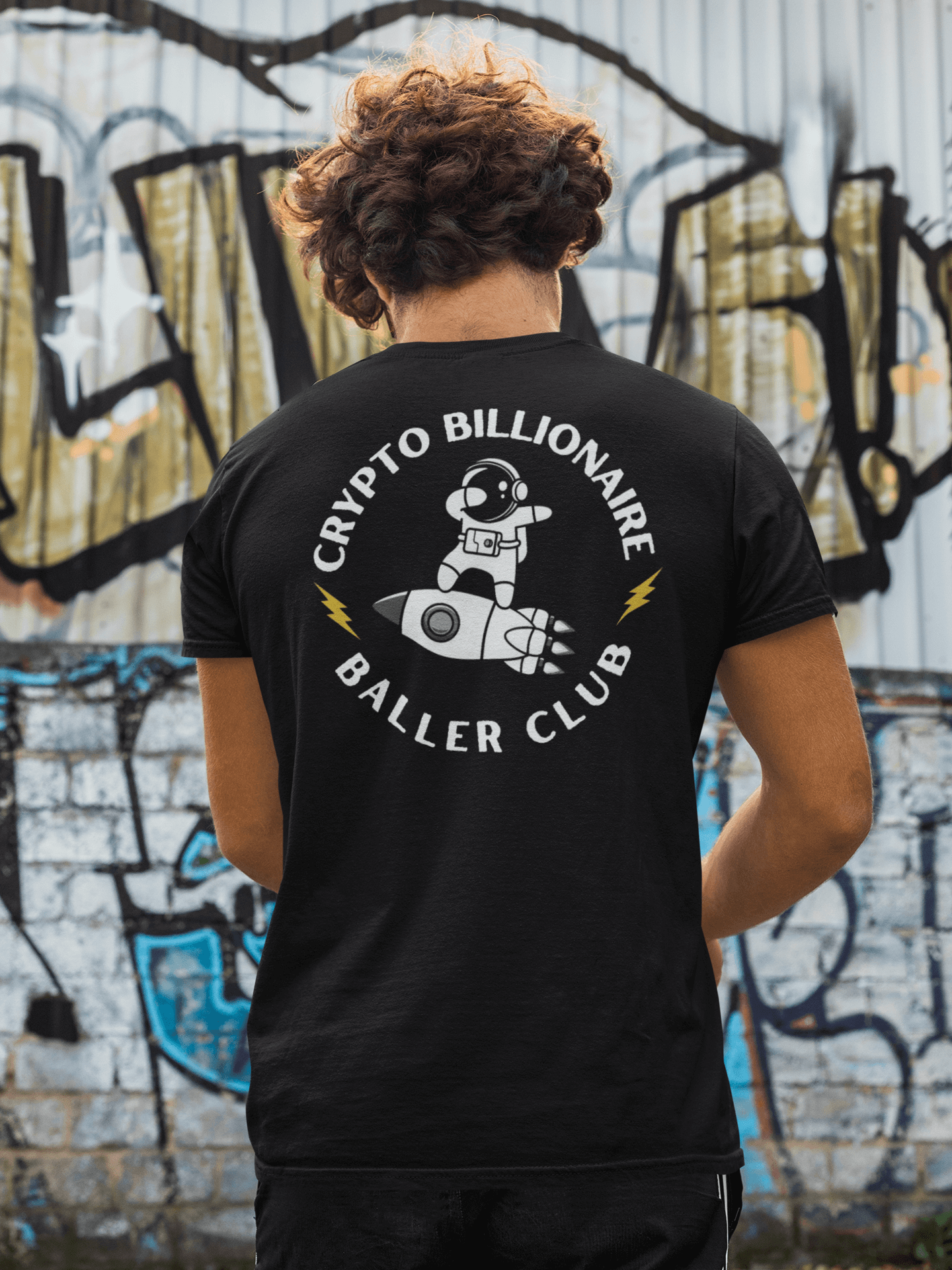 Man wearing "Crypto Billionaire Baller Club" NFT T-Shirt in black