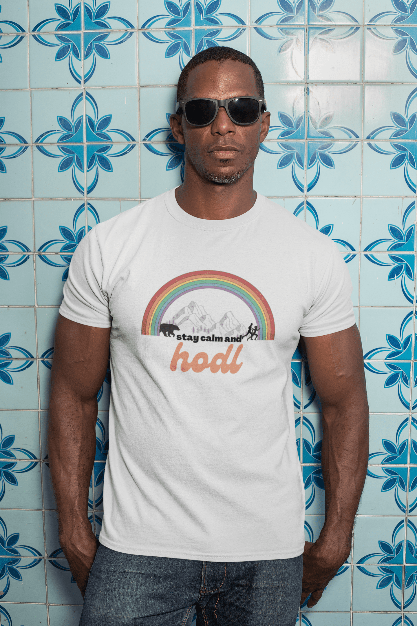 Man with sunglasses wearing "Stay Calm and HODL" NFT T-Shirt