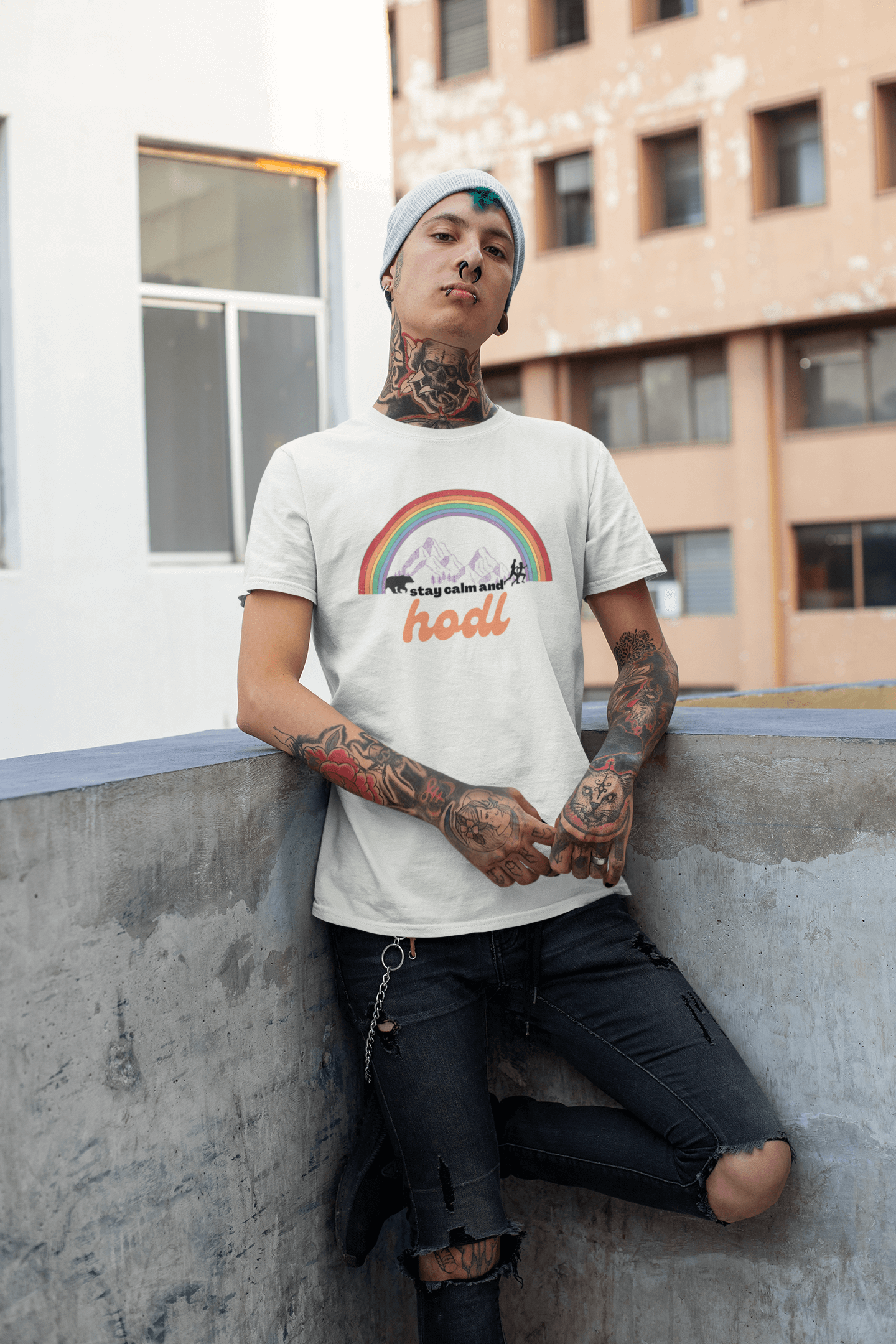 Punk wearing "Stay Calm and HODL" NFT T-Shirt